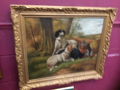 Lot 217 - Early 20th century oil on canvas, gun dogs, indistinctly signed