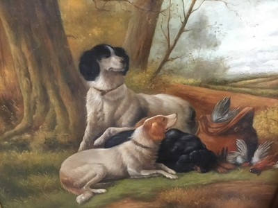 Lot 217 - Early 20th century oil on canvas, gun dogs, indistinctly signed
