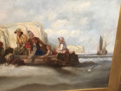 Lot 216 - 19th century Continental school, oil on canvas, figures on a boat, in period frame, together with two other pictures