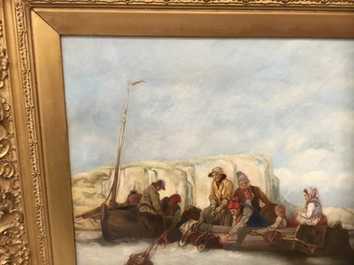 Lot 216 - 19th century Continental school, oil on canvas, figures on a boat, in period frame, together with two other pictures