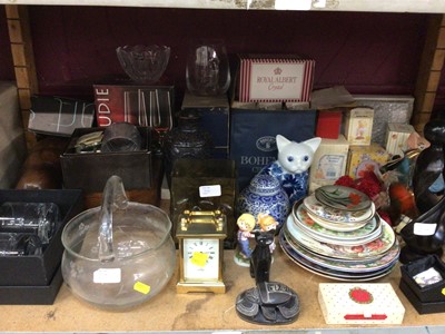 Lot 574 - Three shelves of assorted china and glassware to include Midwinter Homemaker plates, dinnerware, kitchen scales and sundries