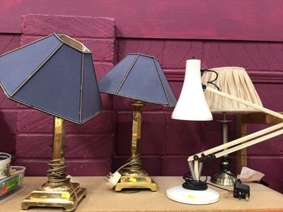 Lot 565 - Vintage white Anglepoise desk lamp, together with a pair of brass table lamps and one other brass lamp (4 lamps)