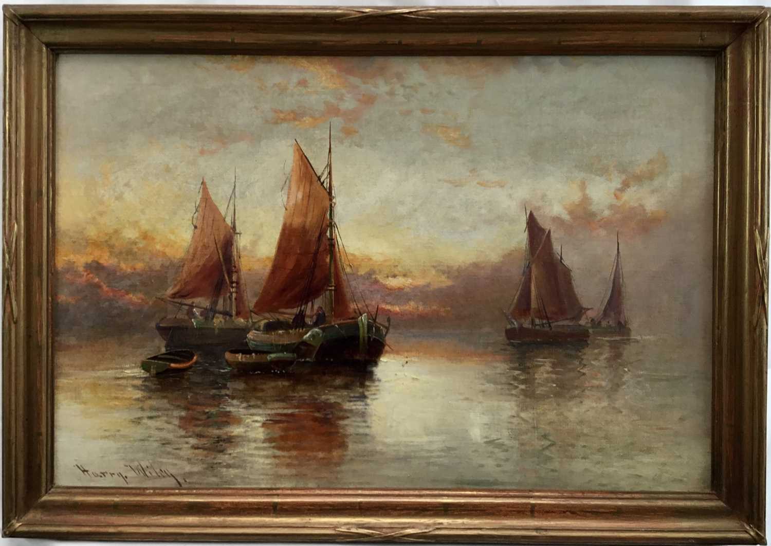 Lot 16 - Harry Wiley oil on canvas - fishing boats at sunset, 40cm x 60cm in gilt frame