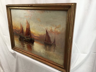 Lot 16 - Harry Wiley oil on canvas - fishing boats at sunset, 40cm x 60cm in gilt frame