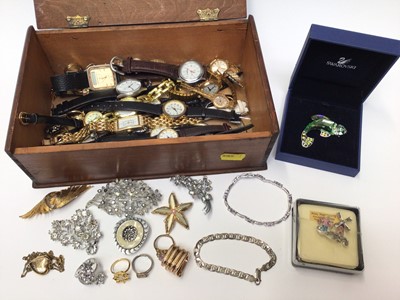 Lot 32 - Swarovski crystal fish brooch, boxed, two silver bracelets, costume jewellery and wristwatches