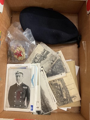 Lot 243 - Military medals, beret, and a selection of military postcards including HMS Ganges