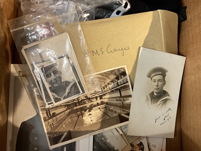 Lot 243 - Military medals, beret, and a selection of military postcards including HMS Ganges