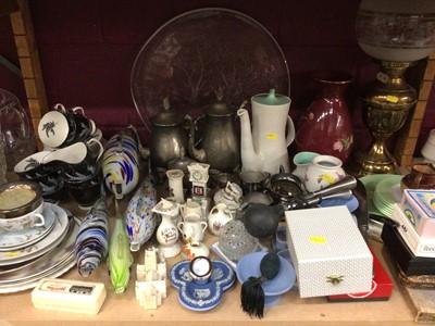 Lot 575 - One shelf of crested ware, china, oil lamp and silver plated ware