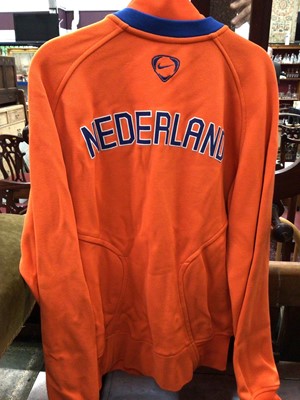 Lot 450 - Football related items to include signed Netherlands track suit top, framed reproduction cigarette cards