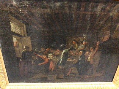 Lot 579 - Large 18th century Dutch gilt-framed oil on canvas tavern scene in the style of Teniers