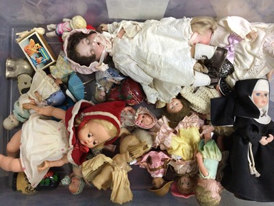 Lot 1930 - Two boxes of vintage dolls mainly small dolls plus two old mohair bears and a little panda