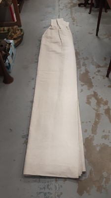 Lot 242 - Two pairs of John Lewis custom made curtains, Skipton oatmeal fabric, pinch pleat, lined, overall drop 210cm, overall width 273cm and 300cm, together with John Lewis wooden curtain poles, finials,...