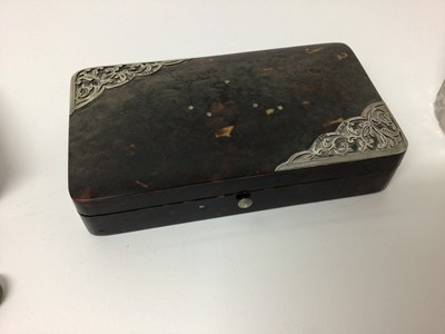Lot 197 - Two silver mounted tortoiseshell boxes, a silver and guilloche enamel RAF compact, a yellow metal inlaid tortoiseshell snuff box, a silver-bladed mother of pearl knife, a silver-mounted cut glass b...