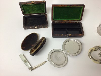 Lot 197 - Two silver mounted tortoiseshell boxes, a silver and guilloche enamel RAF compact, a yellow metal inlaid tortoiseshell snuff box, a silver-bladed mother of pearl knife, a silver-mounted cut glass b...