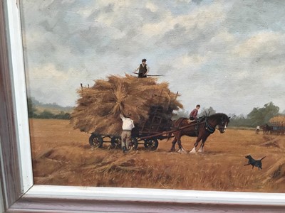 Lot 108 - James Wright (b.1935) oil on canvas - hay making, 44cm x 29cm, framed