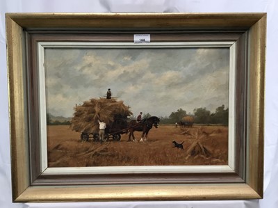 Lot 108 - James Wright (b.1935) oil on canvas - hay making, 44cm x 29cm, framed