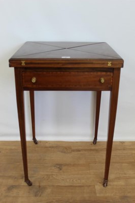Lot 88 - Edwardian inlaid mahogany envelope top card table with single drawer, on square taper legs terminating on castors