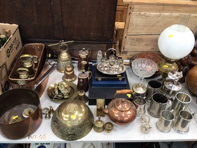 Lot 442 - Brass oil lamp, copper warming pan, pewter tankards, silver plated ware and brass ware.