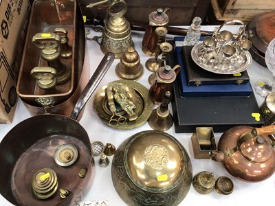 Lot 442 - Brass oil lamp, copper warming pan, pewter tankards, silver plated ware and brass ware.
