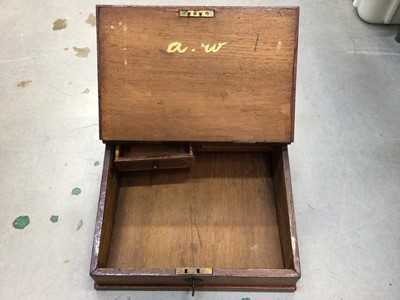 Lot 444 - Victorian walnut writing slope, together with a small oak hanging cabinet, mahogany stationary box and toilet mirror (4)
