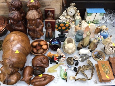 Lot 443 - Collection of glassware, carved wooden Hippo, other wooden figures, ornaments and sundry items (qty)