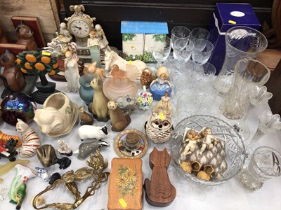 Lot 443 - Collection of glassware, carved wooden Hippo, other wooden figures, ornaments and sundry items (qty)
