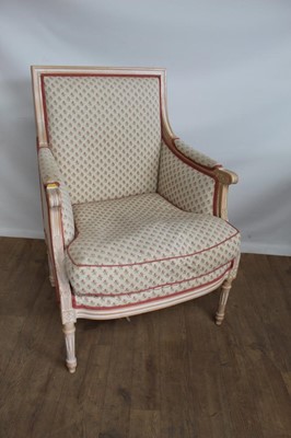 Lot 1022 - Modern upholstered arm chair with painted and carved show frame, on turned and fluted legs