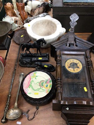 Lot 414 - Mahogany cased clock, another clock, pestle, Clarice Cliff dish and other items