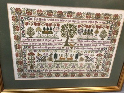 Lot 415 - Modern needlework sampler dated 2001, together with books and prints