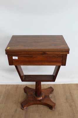 Lot 1023 - Victorian rosewood occasional table with fold-over top above a single drawer, on shaped supports and quatrefoil base