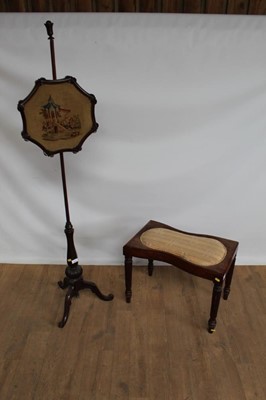 Lot 1016 - Victorian mahogany pole screen with tapestry panel, on tripod base, together with a Victorian mahogany framed stool (2)