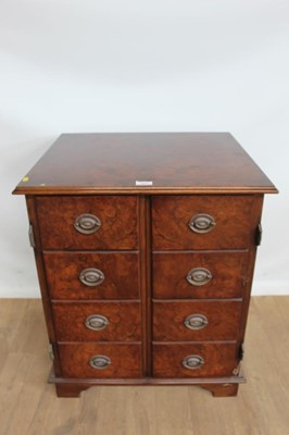 Lot 1021 - Antique-style burr walnut finished cupboard with oval brass handles