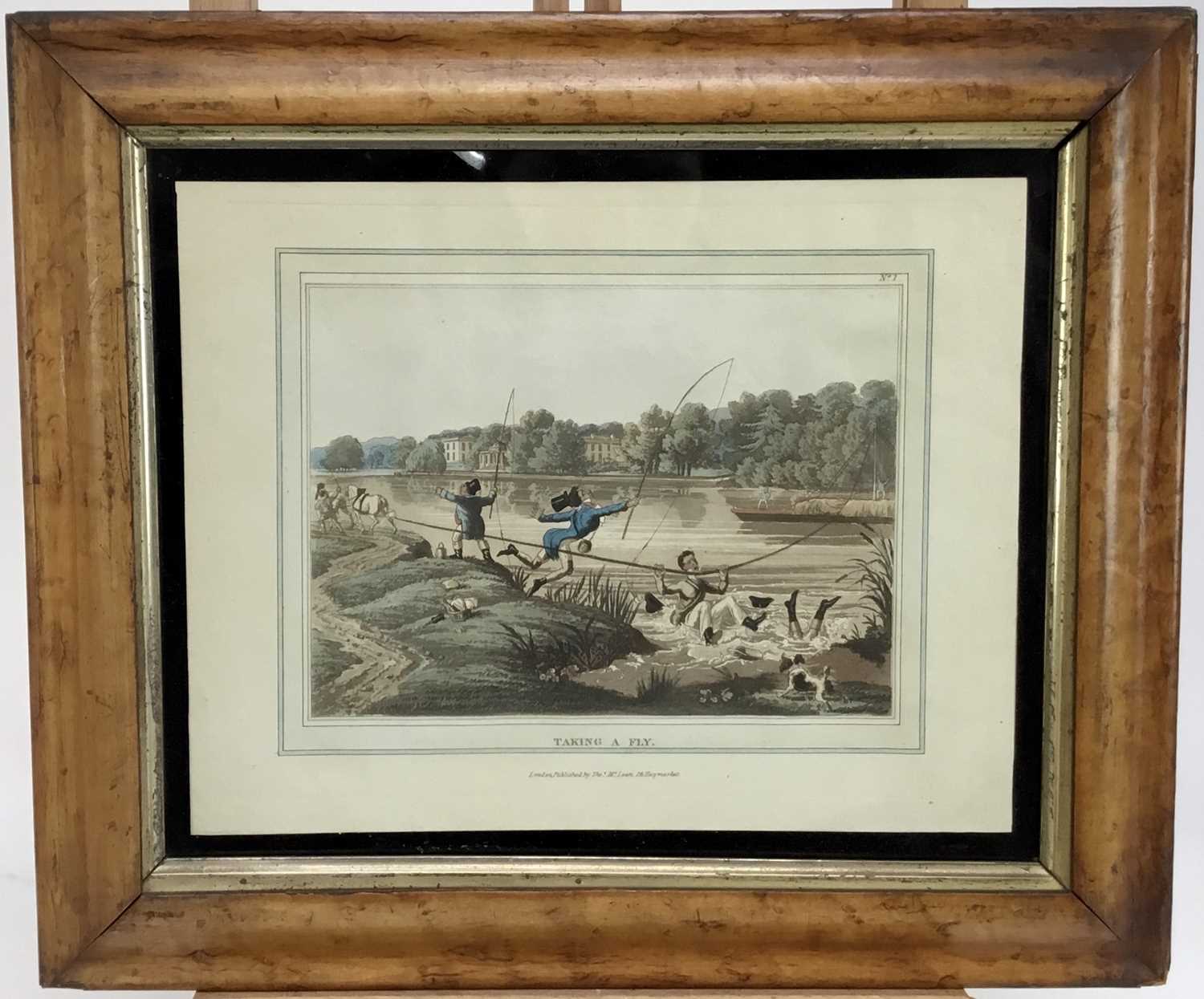 Lot 12 - Set of four early 19th century hand coloured engravings - four fishing scenes, pub. McLean in glazed maple frames, overall 38.5cm x 33cm
