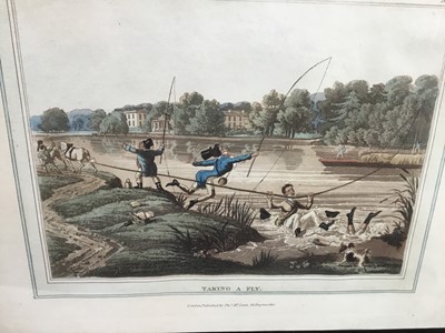 Lot 12 - Set of four early 19th century hand coloured engravings - four fishing scenes, pub. McLean in glazed maple frames, overall 38.5cm x 33cm