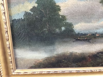 Lot 10 - oil on canvas landscape with fishermen in boat on a lake and village beyond, 52cm x 42cm in gilt frame