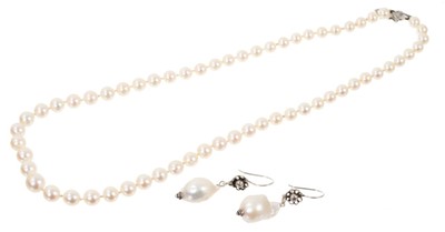 Lot 505 - Cultured pearl necklace with 9ct white gold clasp and a pair of cultured pearl earrings