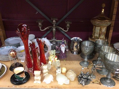 Lot 535 - Musical cigarette dispenser, pewter goblets and other ware, tea ware, plated cruets and other ornaments