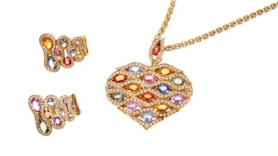 Lot 566 - 18ct gold diamond and multi-gem pendant necklace and earrings