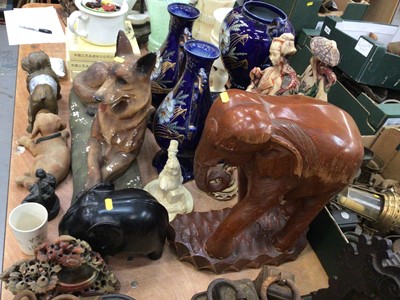 Lot 412 - Garniture of three early 20th century vases, plaster model of an Alsatian, Elephants, art glass vases and other items.