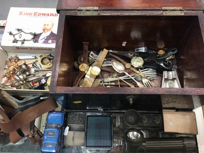 Lot 710 - Old wooden ballot box containing watches, cutlery and sundry items