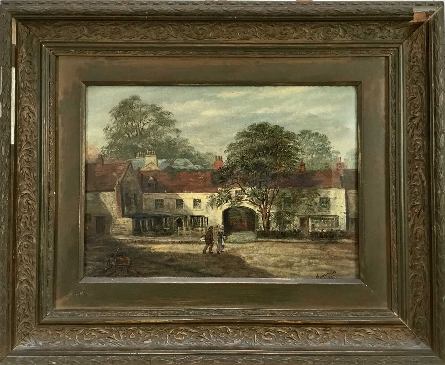 Lot 111 - Late 19th century oil on canvas - street scene, possibly Bishops Stortford, signed and dated Magginnis 1887