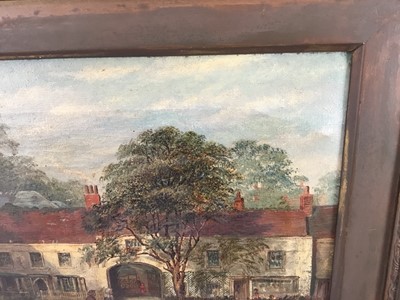 Lot 111 - Late 19th century oil on canvas - street scene, possibly Bishops Stortford, signed and dated Magginnis 1887