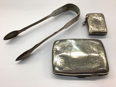 Lot 669 - Pair of silver fiddle pattern sugar tongs, together with a silver cigarette case and silver vesta case (3)