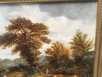 Lot 168 - English School, 19th century, pair of oils on board - rural landscapes with figures beside rivers, 28.5cm x 46cm, in gilt frames