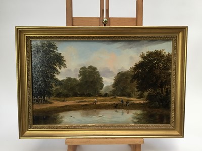 Lot 168 - English School, 19th century, pair of oils on board - rural landscapes with figures beside rivers, 28.5cm x 46cm, in gilt frames
