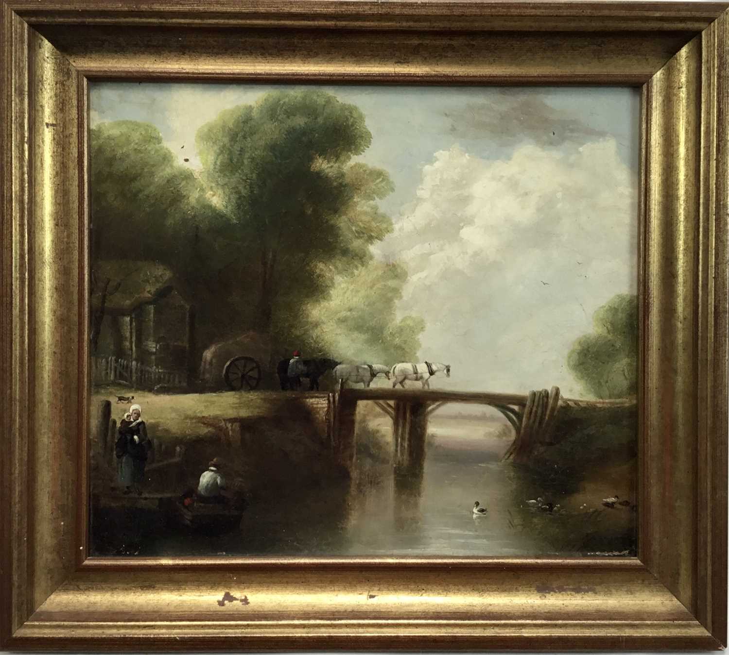 Lot 24 - 19th century English School oil on board - wagon crossing a bridge, 35cm x 31cm in gilt frame