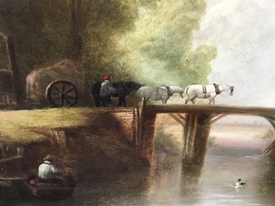 Lot 24 - 19th century English School oil on board - wagon crossing a bridge, 35cm x 31cm in gilt frame