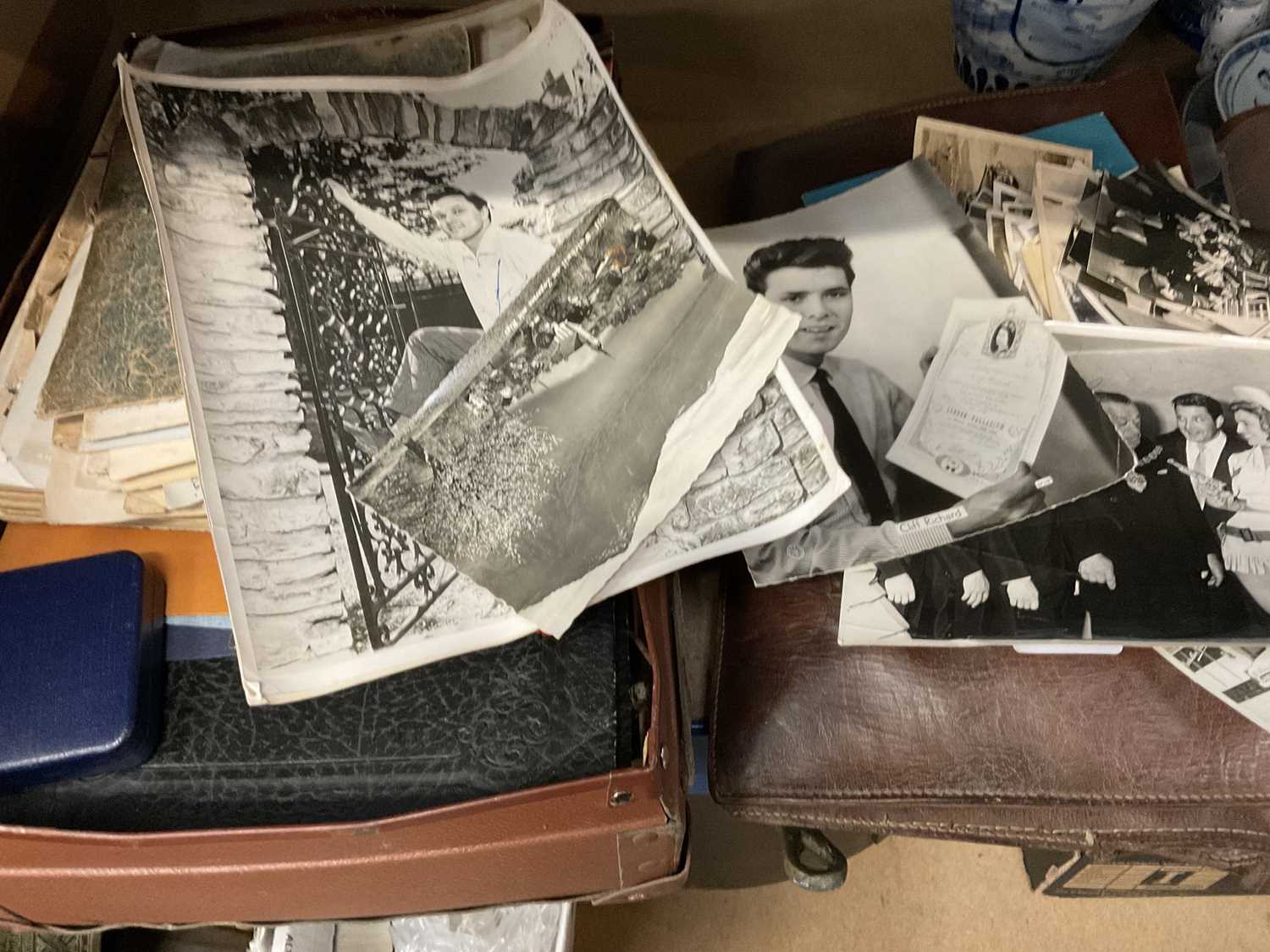 Lot 229 - Box of ephemera including signed celebrity photographs, early letters and hand written materials