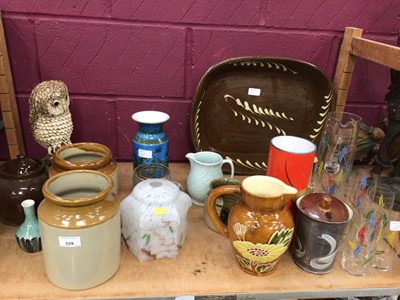 Lot 539 - Slip ware dish, salt glazed storage jars, studio pottery, set of six glasses and matching were, plus modelled owl and toad