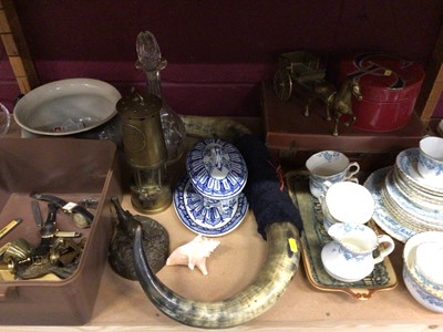 Lot 541 - Brass miner's lamp, Buffalo horns, tea ware, costume jewellery, brass ware, pen knives, wooden building blocks and sundries